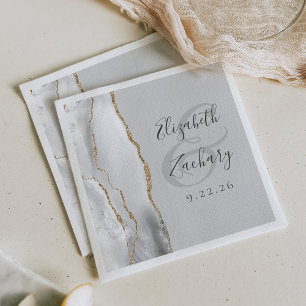 Serviette En Papier Agate Geode gris clair blanc Mariage de script or