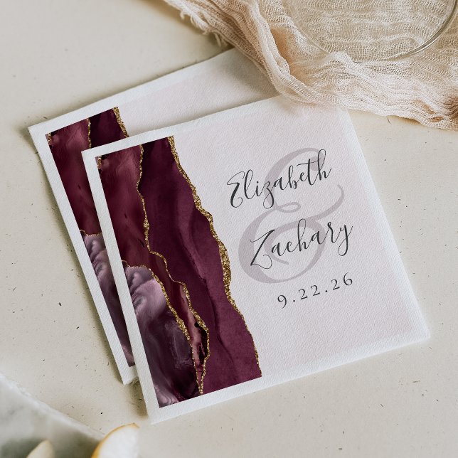 Serviette En Papier Agate Geode Script Burgundy Gold Blush Mariage (Créateur téléchargé)