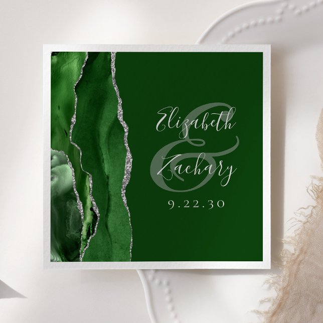 Serviette En Papier Agate Geode Script Hunter Green Silver Mariage (Créateur téléchargé)