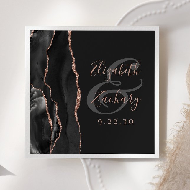 Serviette En Papier Agate Geode Script Rose noir Gold Dark Mariage (Créateur téléchargé)
