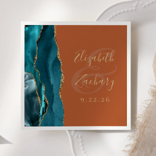 Serviette En Papier Agate Geode Script Turquoise Or Orange Mariage