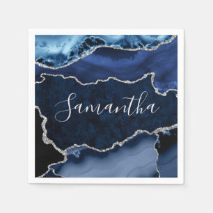 Serviette En Papier Agate Marbré Bleu et Faux Paillettes d'Argent