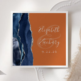 Serviette En Papier Agate Marine Bleu Argent Brûlé Orange Mariage