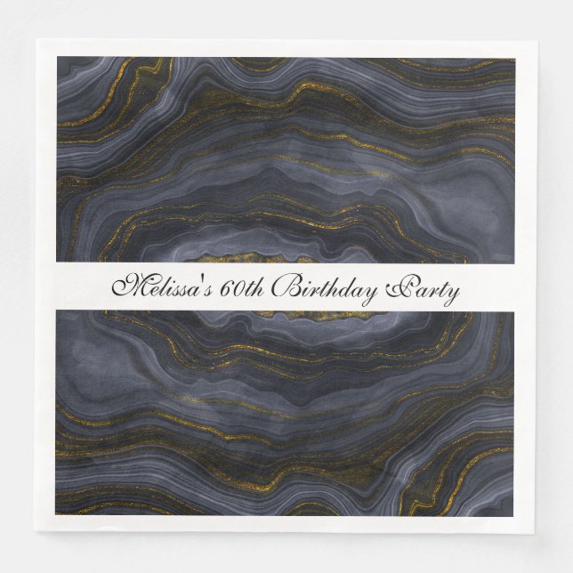 Serviette En Papier Agate moderne Black & Gold Pierre Abstrait Anniver (Devant)