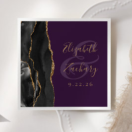 Serviette En Papier Agate Script Black Gold Deep Purple Mariage