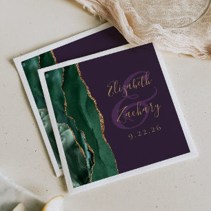 Serviette En Papier Agate Script Émeraude Vert Or Violet Mariage