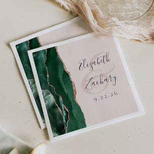 Serviette En Papier Agate Script Vert Émeraude Rose Gold Blush Mariage