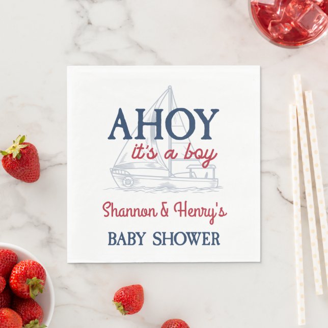 Serviette En Papier Ahoy C'est un garçon Baby shower nautique (En situation)