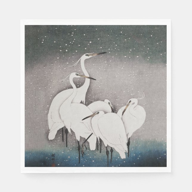 Serviette En Papier Aigrettes japonaises Grues Koson Neige d'hiver (Devant)