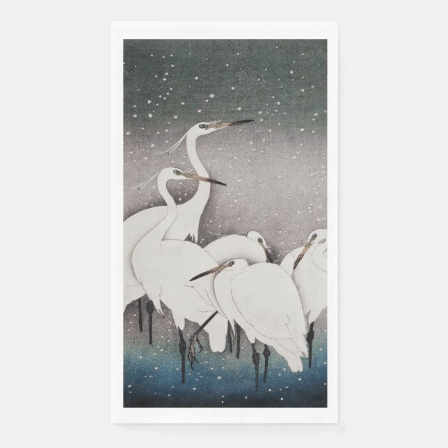 Serviette En Papier Aigrettes japonaises Grues Koson Neige d'hiver (Devant)