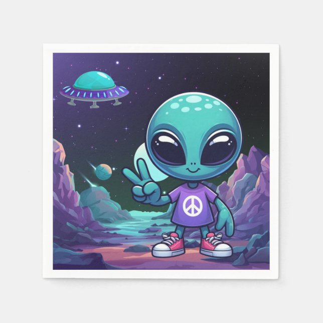 Serviette En Papier Alien de paix mignon et vaisseau spatial (Devant)