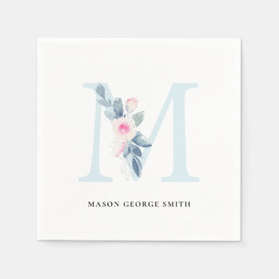 SERVIETTE EN PAPIER ALPHABÈTES FLORAUX BLANCS BLEUS DOUX M
