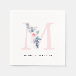 SERVIETTE EN PAPIER ALPHABÈTES FLORAUX BLEUS BLANC DOUX ET BLEU LETTRE