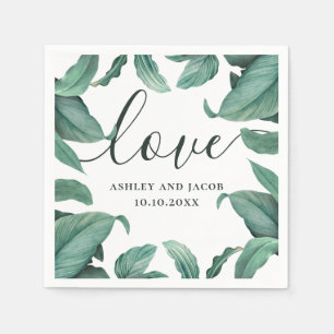 Serviette En Papier Amour. Écriture de mariage tropicale à l'aquarelle