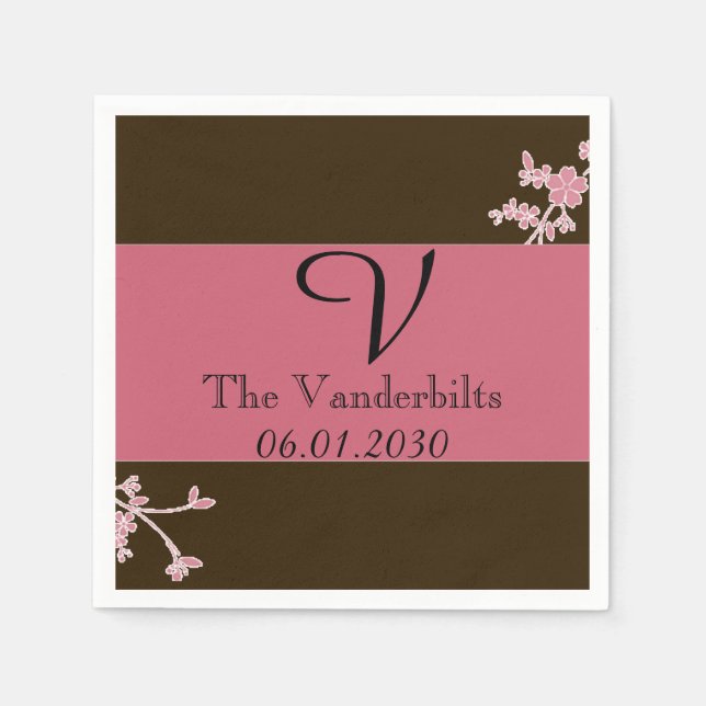 Serviette En Papier Amour en Fleur Cerise Fleur Mariage Monogramme (Devant)