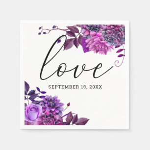 Serviette En Papier Amour. Mariage de script floral violet d'aquarelle