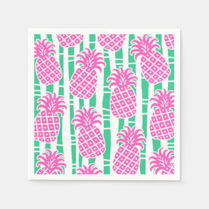 Serviette En Papier Ananas Bambou rayures rose et Motif vert