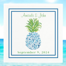 Serviette En Papier Ananas Chinoiserie Bleu frontière Preppy Mariage