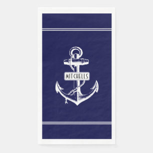 Serviette En Papier Ancrage blanc, lignes et nom sur marine bleu nauti