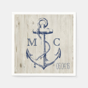 Serviette En Papier Ancre blanche marine Monogramme en bois rustique