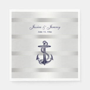 Serviette En Papier Ancre Bleue marine Nautique Argent Wt BG Mariage