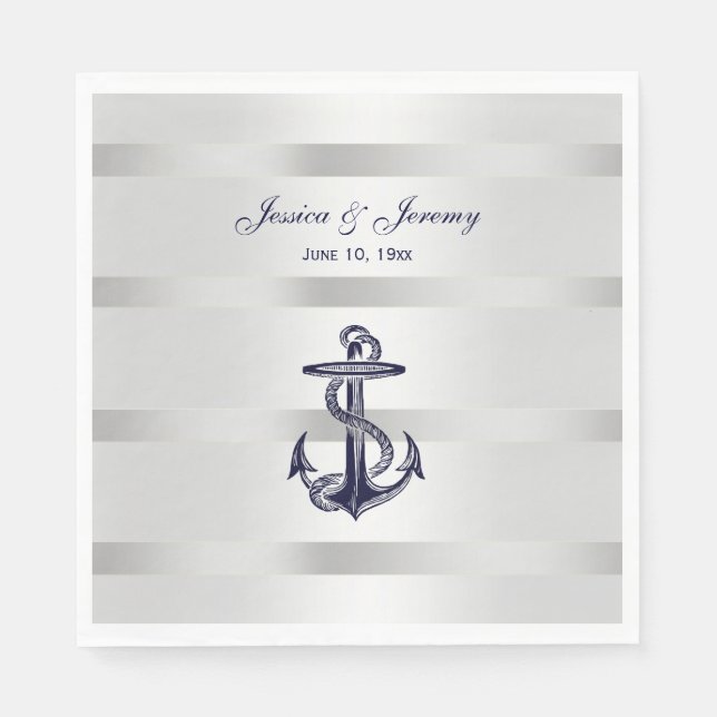 Serviette En Papier Ancre Bleue marine Nautique Argent Wt BG Mariage (Devant)