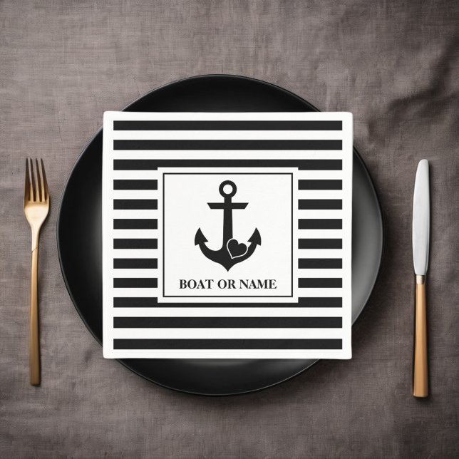 Serviette En Papier Ancre cardiaque nautique Bateau noir blanc rayé (Créateur téléchargé)