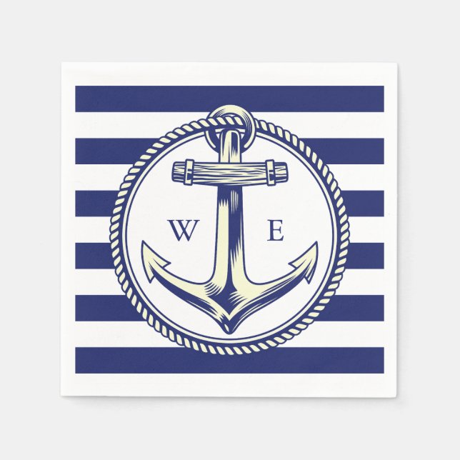 Serviette En Papier Ancre nautique Bleu marine Rayures (Devant)