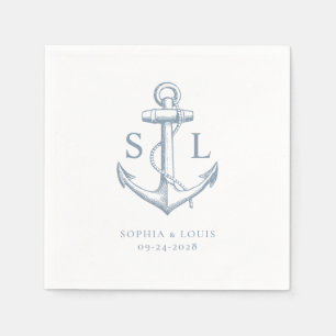 Serviette En Papier Ancre nautique Monogramme Mariage Dusty Blue