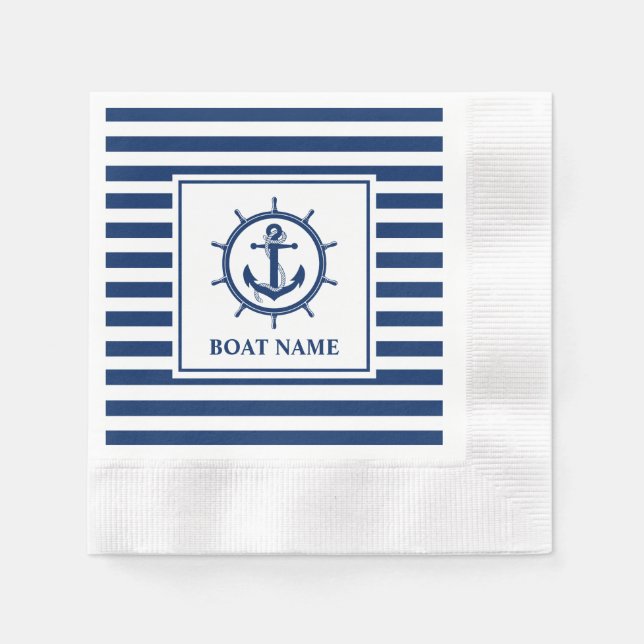 Serviette En Papier Ancre nautique Roue Bateau rayé Nom Cocktail (Devant)