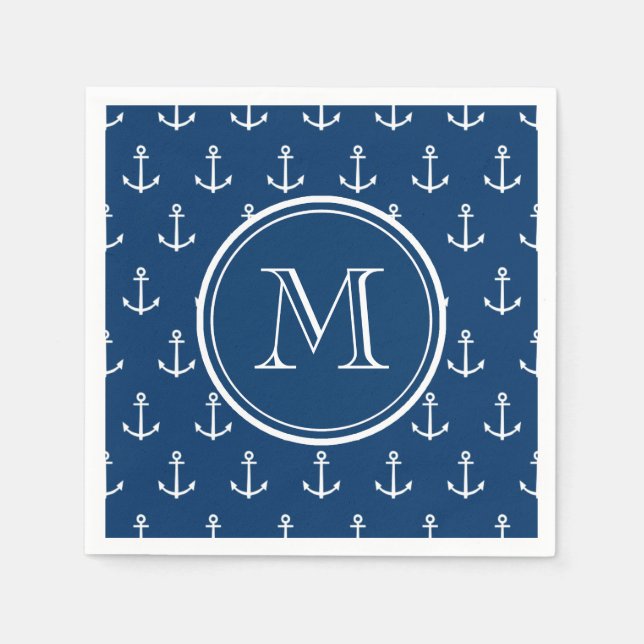 Serviette En Papier Ancres bleu marine Motif, votre monogramme (Devant)