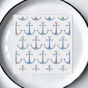 Serviette En Papier Ancres bleues aquarelle. Motif de plage nautique
