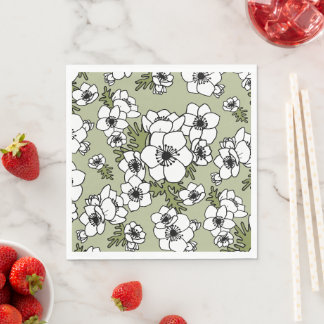 Serviette En Papier Anémones Floral noir et blanc