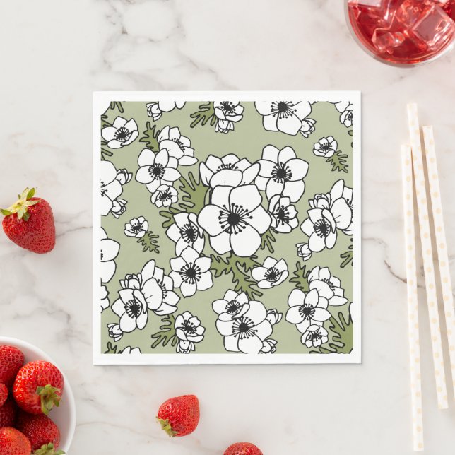 Serviette En Papier Anémones Floral noir et blanc (En situation)