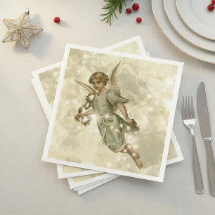Serviette En Papier Ange Vintage Pailleté Or V4 ID136