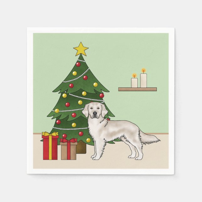 Serviette En Papier Anglais Crème Golden Retriever avec sapin de Noël (Devant)