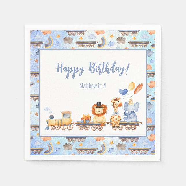 Serviette En Papier Animaux de fête en train Kid Jungle Joyeux anniver (Devant)