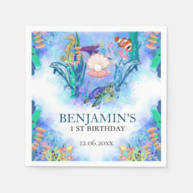 Serviette En Papier Animaux de la mer Sauvages Un Anniversaire (Devant)