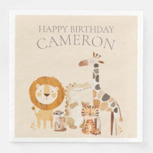 Serviette En Papier Animaux de zoo bébé mignons Nom personnalisé Beige