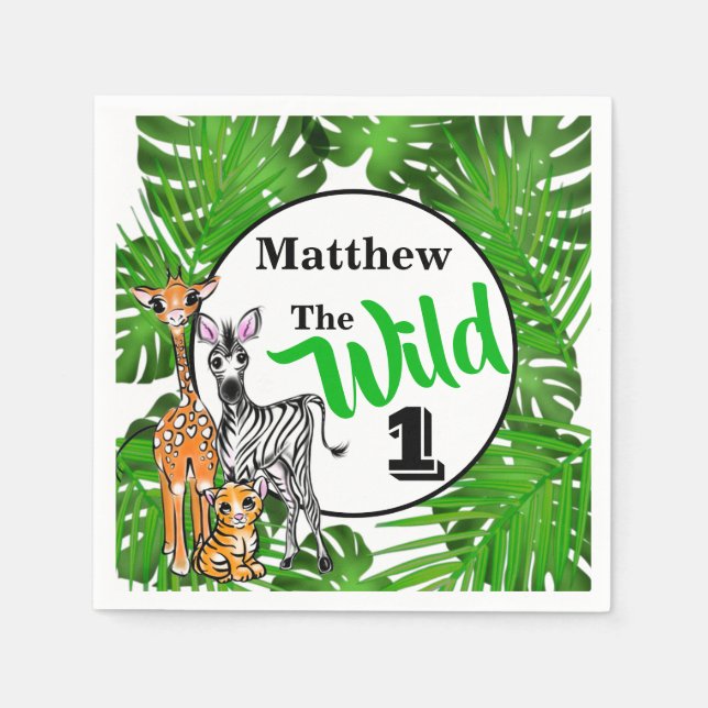 Serviette En Papier Animaux Safari 1er anniversaire | jungle Animaux (Devant)