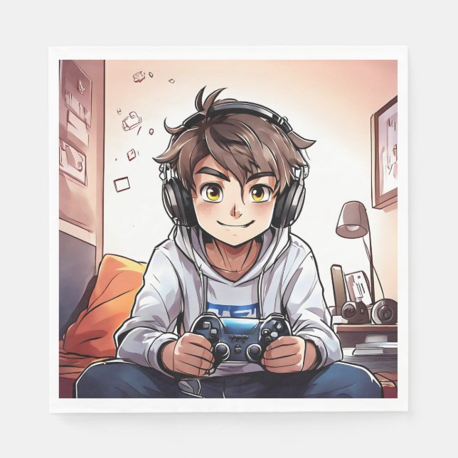 Serviette En Papier Anime Boy Jouer Jeux Vidéos Anniversaire Fête (Devant)