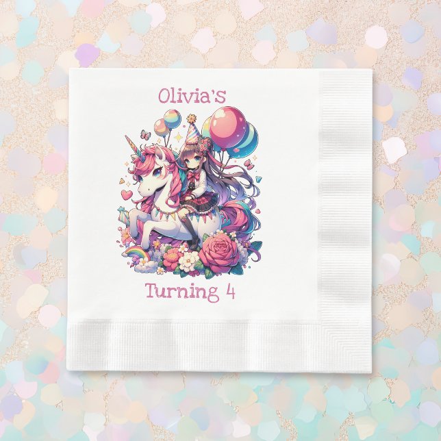 Serviette En Papier Anime Girl on Unicorn Anniversaire Personnalisé (Créateur téléchargé)