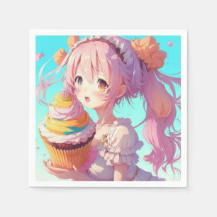 Serviette En Papier Anime Girl with Whimsical Cupcake Anniversaire
