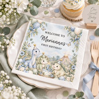 Serviette En Papier Anniversaire 1 an Dinosaure Aquarelle Bleu Pastel