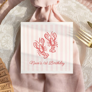 Serviette En Papier Anniversaire 1 an Homard Rayure Rose et Rouge
