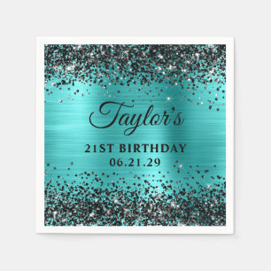 Serviette En Papier Anniversaire 21 ans Turquoise Bleu Paillettes Noir