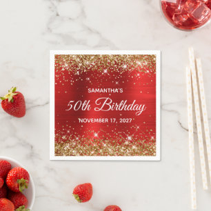 Serviette En Papier Anniversaire 50 ans paillettes or papier alu rouge