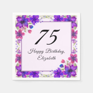Serviette En Papier Anniversaire 75 ans Floral Élégant Violet 