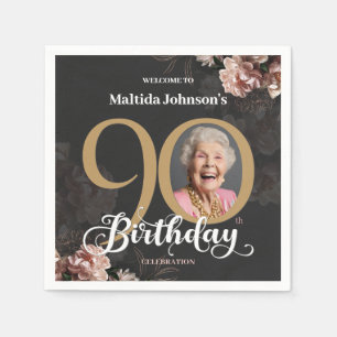 Serviette En Papier Anniversaire 90 Ans Élégant Fleurs Photo Personnal