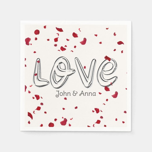 Serviette En Papier Anniversaire Amour Texte Avec Pétales Roses (Devant)